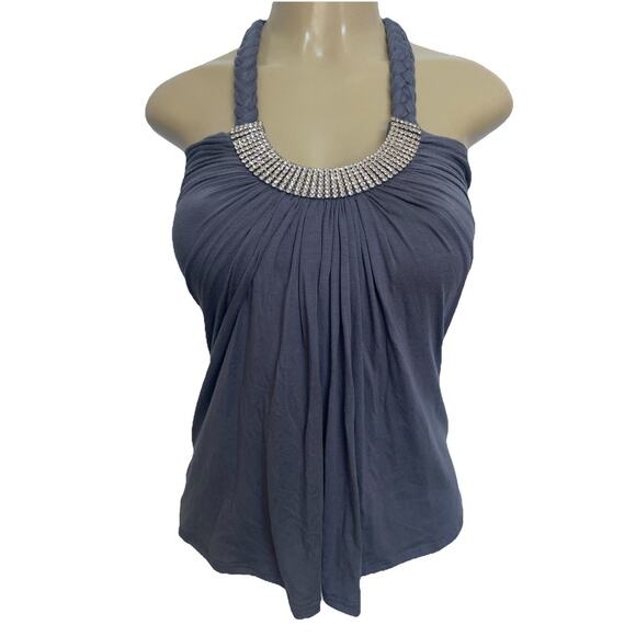 Sky Top Blouse Sleeveless Halter Neck Crystal Embellished Braided Gray Shirt XS - Picture 1 of 6